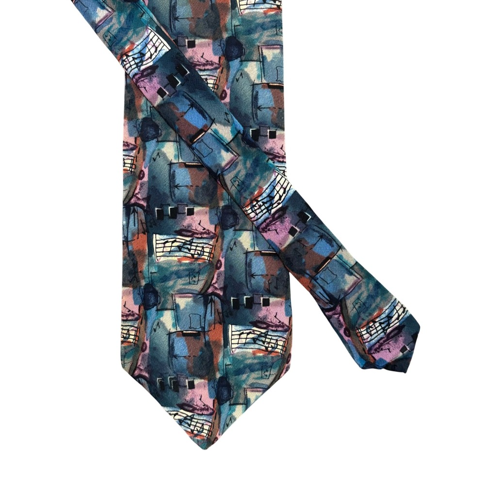 J. Garcia Mens Abstract Silk Necktie Blue Purple Musical Art Tie 3.75" x 54.5" - Picture 2 of 6